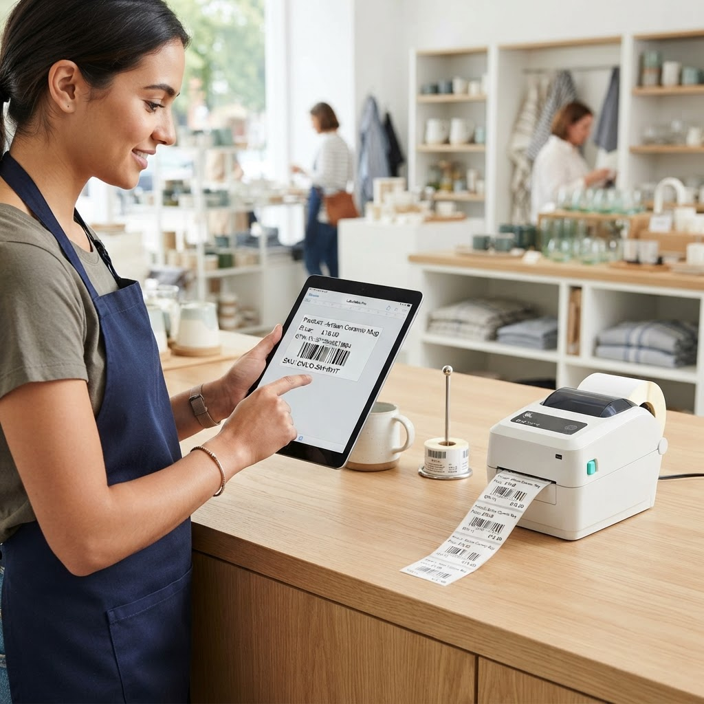 Retail shop staff designing and printing barcode price labels with PriceTag Pro