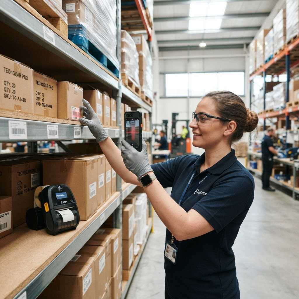 Warehouse worker scanning a barcode on a shelf with a phone while using TagCount